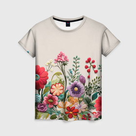 Женская футболка 3D с принтом Цветочная вышивка в Новосибирске, 100% полиэфир ( синтетическое хлопкоподобное полотно) | прямой крой, круглый вырез горловины, длина до линии бедер | 