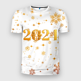 Мужская футболка 3D Slim с принтом Новый 2024 год   золотой в Екатеринбурге, 100% полиэстер с улучшенными характеристиками | приталенный силуэт, круглая горловина, широкие плечи, сужается к линии бедра | 