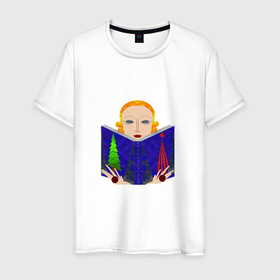 Мужская футболка хлопок с принтом Новогодняя книга предсказаний в руках девушки в Екатеринбурге, 100% хлопок | прямой крой, круглый вырез горловины, длина до линии бедер, слегка спущенное плечо. | 