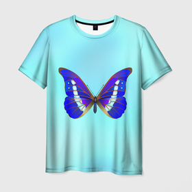 Мужская футболка 3D с принтом Бабочка морфо менелая в Курске, 100% полиэфир | прямой крой, круглый вырез горловины, длина до линии бедер | 