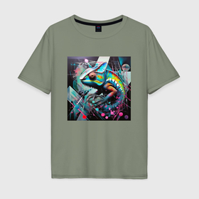 Мужская футболка хлопок Oversize с принтом Хамелеон абстракция в Екатеринбурге, 100% хлопок | свободный крой, круглый ворот, “спинка” длиннее передней части | 