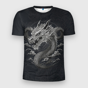 Мужская футболка 3D Slim с принтом Монохромный дракон в Екатеринбурге, 100% полиэстер с улучшенными характеристиками | приталенный силуэт, круглая горловина, широкие плечи, сужается к линии бедра | Тематика изображения на принте: 