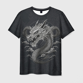 Мужская футболка 3D с принтом Монохромный дракон в Екатеринбурге, 100% полиэфир | прямой крой, круглый вырез горловины, длина до линии бедер | Тематика изображения на принте: 