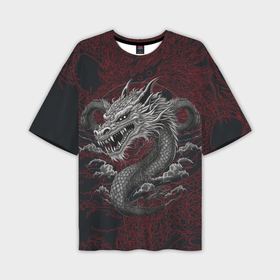 Мужская футболка oversize 3D с принтом Дракон на красном фоне в Екатеринбурге,  |  | 