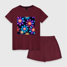 Женская пижама с шортиками хлопок с принтом Светящиеся разноцветные цветы в Санкт-Петербурге, 100% хлопок | футболка прямого кроя, шорты свободные с широкой мягкой резинкой | 