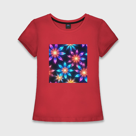 Женская футболка хлопок Slim с принтом Светящиеся разноцветные цветы в Петрозаводске,  |  | 