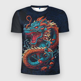 Мужская футболка 3D Slim с принтом Синий морской дракон в Белгороде, 100% полиэстер с улучшенными характеристиками | приталенный силуэт, круглая горловина, широкие плечи, сужается к линии бедра | Тематика изображения на принте: 