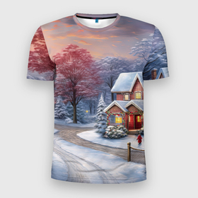 Мужская футболка 3D Slim с принтом Волшебство зимней природы в Екатеринбурге, 100% полиэстер с улучшенными характеристиками | приталенный силуэт, круглая горловина, широкие плечи, сужается к линии бедра | 