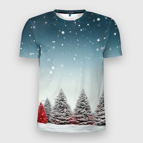 Мужская футболка 3D Slim с принтом Волшебство зимней природы  иней на деревьях в Екатеринбурге, 100% полиэстер с улучшенными характеристиками | приталенный силуэт, круглая горловина, широкие плечи, сужается к линии бедра | 