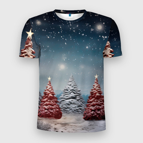Мужская футболка 3D Slim с принтом Волшебство зимней  природы  иней на деревьях в Екатеринбурге, 100% полиэстер с улучшенными характеристиками | приталенный силуэт, круглая горловина, широкие плечи, сужается к линии бедра | 
