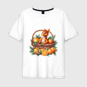 Мужская футболка хлопок Oversize с принтом Оранжевый дракон 2024 как мандарин в корзинке , 100% хлопок | свободный крой, круглый ворот, “спинка” длиннее передней части | 