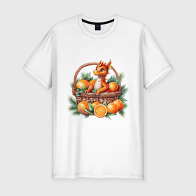 Мужская футболка хлопок Slim с принтом Оранжевый дракон 2024 как мандарин в корзинке в Тюмени, 92% хлопок, 8% лайкра | приталенный силуэт, круглый вырез ворота, длина до линии бедра, короткий рукав | 
