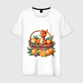 Мужская футболка хлопок с принтом Оранжевый дракон 2024 как мандарин в корзинке в Новосибирске, 100% хлопок | прямой крой, круглый вырез горловины, длина до линии бедер, слегка спущенное плечо. | Тематика изображения на принте: 