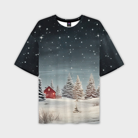 Мужская футболка oversize 3D с принтом Зимний пейзаж с елями и снегом в Курске,  |  | 