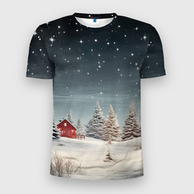 Мужская футболка 3D Slim с принтом Зимний пейзаж с елями и снегом в Новосибирске, 100% полиэстер с улучшенными характеристиками | приталенный силуэт, круглая горловина, широкие плечи, сужается к линии бедра | 