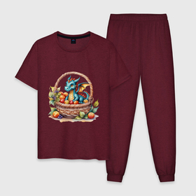 Мужская пижама хлопок с принтом Синий  новогодний  дракон в корзине с яблоками в Петрозаводске, 100% хлопок | брюки и футболка прямого кроя, без карманов, на брюках мягкая резинка на поясе и по низу штанин
 | 