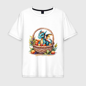 Мужская футболка хлопок Oversize с принтом Синий  новогодний  дракон в корзине с яблоками в Курске, 100% хлопок | свободный крой, круглый ворот, “спинка” длиннее передней части | 