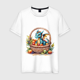 Мужская футболка хлопок с принтом Синий  новогодний  дракон в корзине с яблоками в Петрозаводске, 100% хлопок | прямой крой, круглый вырез горловины, длина до линии бедер, слегка спущенное плечо. | 