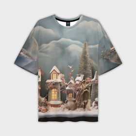 Мужская футболка oversize 3D с принтом Рождественские огни на деревьях в Кировске,  |  | Тематика изображения на принте: 