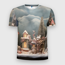 Мужская футболка 3D Slim с принтом Рождественские огни на деревьях в Кировске, 100% полиэстер с улучшенными характеристиками | приталенный силуэт, круглая горловина, широкие плечи, сужается к линии бедра | 
