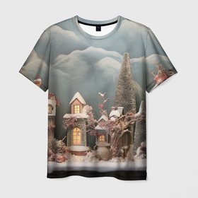 Мужская футболка 3D с принтом Рождественские огни на деревьях в Кировске, 100% полиэфир | прямой крой, круглый вырез горловины, длина до линии бедер | Тематика изображения на принте: 
