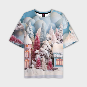 Мужская футболка oversize 3D с принтом Рождественские  огни на деревьях в Кировске,  |  | Тематика изображения на принте: 