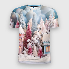 Мужская футболка 3D Slim с принтом Рождественские  огни на деревьях в Белгороде, 100% полиэстер с улучшенными характеристиками | приталенный силуэт, круглая горловина, широкие плечи, сужается к линии бедра | 