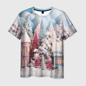 Мужская футболка 3D с принтом Рождественские  огни на деревьях в Кировске, 100% полиэфир | прямой крой, круглый вырез горловины, длина до линии бедер | Тематика изображения на принте: 