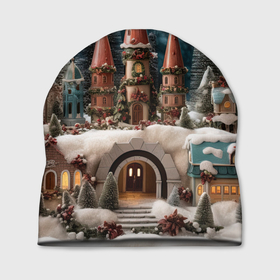 Шапка 3D с принтом Деревенские домики зимой в Санкт-Петербурге, 100% полиэстер | универсальный размер, печать по всей поверхности изделия | 