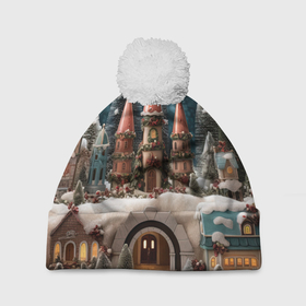 Шапка 3D c помпоном с принтом Деревенские домики зимой в Петрозаводске, 100% полиэстер | универсальный размер, печать по всей поверхности изделия | 