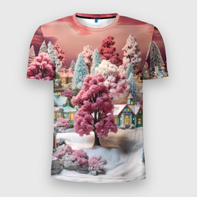 Мужская футболка 3D Slim с принтом Зимний закат новый год в Новосибирске, 100% полиэстер с улучшенными характеристиками | приталенный силуэт, круглая горловина, широкие плечи, сужается к линии бедра | Тематика изображения на принте: 
