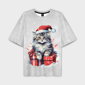Мужская футболка oversize 3D с принтом Новогодний котейка в Екатеринбурге,  |  | Тематика изображения на принте: 