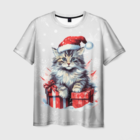 Мужская футболка 3D с принтом Новогодний котейка в Екатеринбурге, 100% полиэфир | прямой крой, круглый вырез горловины, длина до линии бедер | 