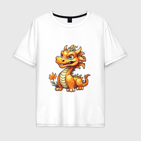 Мужская футболка хлопок Oversize с принтом Оранжевый дракон с цветком в Екатеринбурге, 100% хлопок | свободный крой, круглый ворот, “спинка” длиннее передней части | 