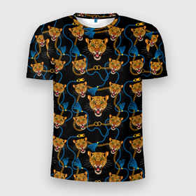 Мужская футболка 3D Slim с принтом Золотая цепь с леопардами в Новосибирске, 100% полиэстер с улучшенными характеристиками | приталенный силуэт, круглая горловина, широкие плечи, сужается к линии бедра | 