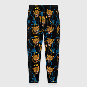 Мужские брюки 3D с принтом Золотая цепь с леопардами в Екатеринбурге, 100% полиэстер | манжеты по низу, эластичный пояс регулируется шнурком, по бокам два кармана без застежек, внутренняя часть кармана из мелкой сетки | 