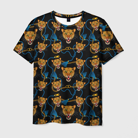 Мужская футболка 3D с принтом Золотая цепь с леопардами в Екатеринбурге, 100% полиэфир | прямой крой, круглый вырез горловины, длина до линии бедер | Тематика изображения на принте: 