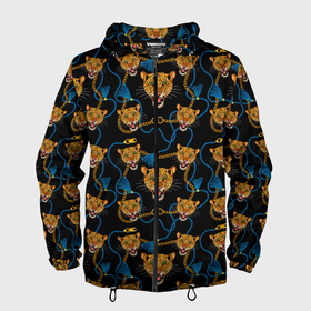 Мужская ветровка 3D с принтом Золотая цепь с леопардами в Екатеринбурге, 100% полиэстер | подол и капюшон оформлены резинкой с фиксаторами, два кармана без застежек по бокам, один потайной карман на груди | 