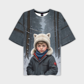 Мужская футболка oversize 3D с принтом Мальчуган в зимнем лесу в Санкт-Петербурге,  |  | Тематика изображения на принте: 