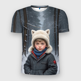 Мужская футболка 3D Slim с принтом Мальчуган в зимнем лесу в Санкт-Петербурге, 100% полиэстер с улучшенными характеристиками | приталенный силуэт, круглая горловина, широкие плечи, сужается к линии бедра | Тематика изображения на принте: 