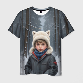 Мужская футболка 3D с принтом Мальчуган в зимнем лесу в Кировске, 100% полиэфир | прямой крой, круглый вырез горловины, длина до линии бедер | Тематика изображения на принте: 