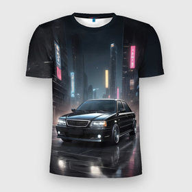 Мужская футболка 3D Slim с принтом Черный автомобиль в ночном городе в Новосибирске, 100% полиэстер с улучшенными характеристиками | приталенный силуэт, круглая горловина, широкие плечи, сужается к линии бедра | Тематика изображения на принте: 
