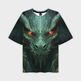 Мужская футболка oversize 3D с принтом Зеленый дракон со светящимися глазами в Новосибирске,  |  | 