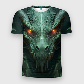 Мужская футболка 3D Slim с принтом Зеленый дракон со светящимися глазами в Новосибирске, 100% полиэстер с улучшенными характеристиками | приталенный силуэт, круглая горловина, широкие плечи, сужается к линии бедра | Тематика изображения на принте: 