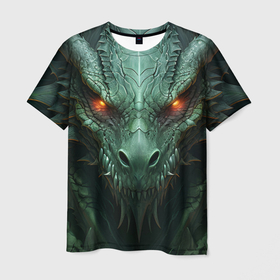 Мужская футболка 3D с принтом Зеленый дракон со светящимися глазами в Санкт-Петербурге, 100% полиэфир | прямой крой, круглый вырез горловины, длина до линии бедер | 