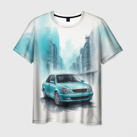 Мужская футболка 3D с принтом Бирюзовая машина в Екатеринбурге, 100% полиэфир | прямой крой, круглый вырез горловины, длина до линии бедер | Тематика изображения на принте: 