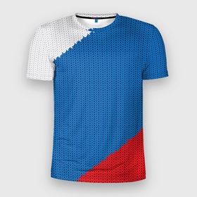 Мужская футболка 3D Slim с принтом Белый синий красный вязаный фон в Новосибирске, 100% полиэстер с улучшенными характеристиками | приталенный силуэт, круглая горловина, широкие плечи, сужается к линии бедра | 