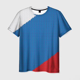 Мужская футболка 3D с принтом Белый синий красный вязаный фон , 100% полиэфир | прямой крой, круглый вырез горловины, длина до линии бедер | 