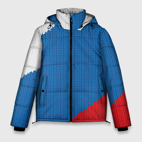 Мужская зимняя куртка 3D с принтом Белый синий красный вязаный фон в Новосибирске, верх — 100% полиэстер; подкладка — 100% полиэстер; утеплитель — 100% полиэстер | длина ниже бедра, свободный силуэт Оверсайз. Есть воротник-стойка, отстегивающийся капюшон и ветрозащитная планка. 

Боковые карманы с листочкой на кнопках и внутренний карман на молнии. | 