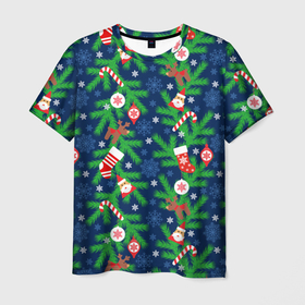 Мужская футболка 3D с принтом Новогодние игрушки на ёлке , 100% полиэфир | прямой крой, круглый вырез горловины, длина до линии бедер | 
